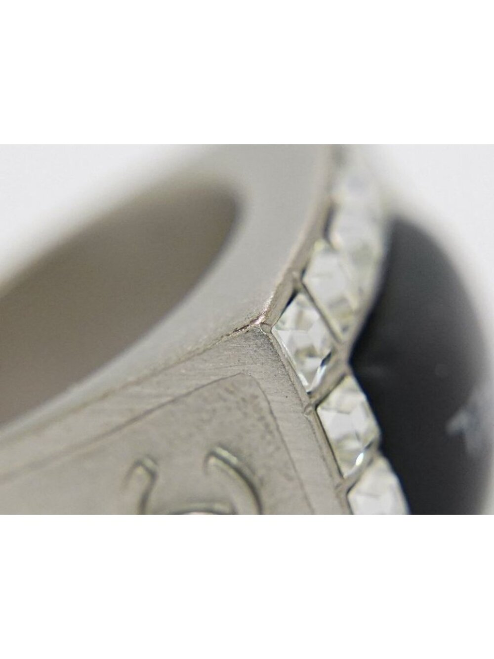 Chanel Logo Rhinestone Ring Metal Silver Black - Picture 9 of 11